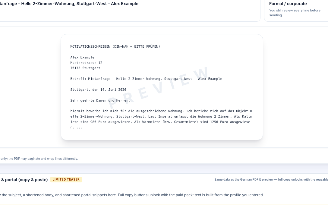 Zusage workspace with German rental letter preview